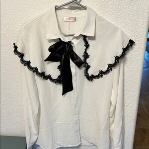 White Blouse with Black Lace Trim and Bow